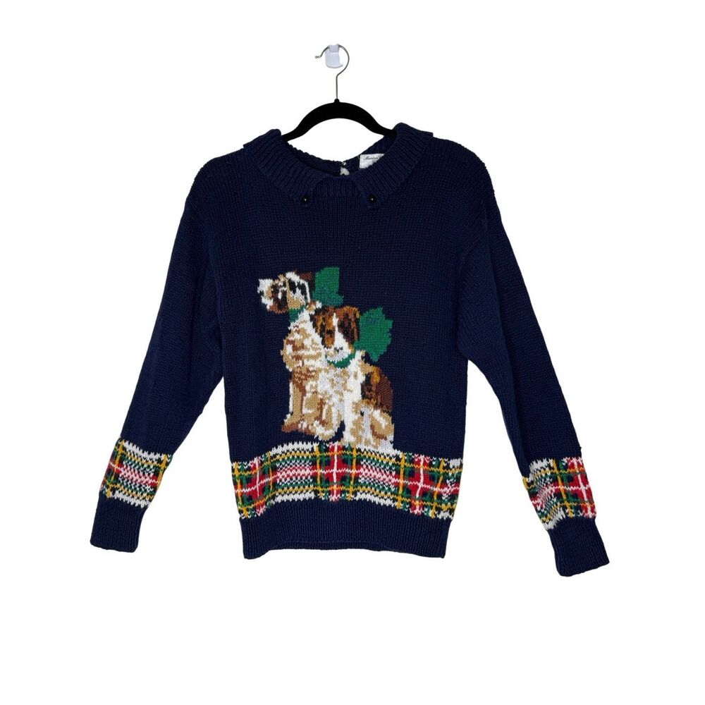 Vintage Marisa Christina Classics Sweater Dark Blue/Plaid Trim With Two Dogs SzS